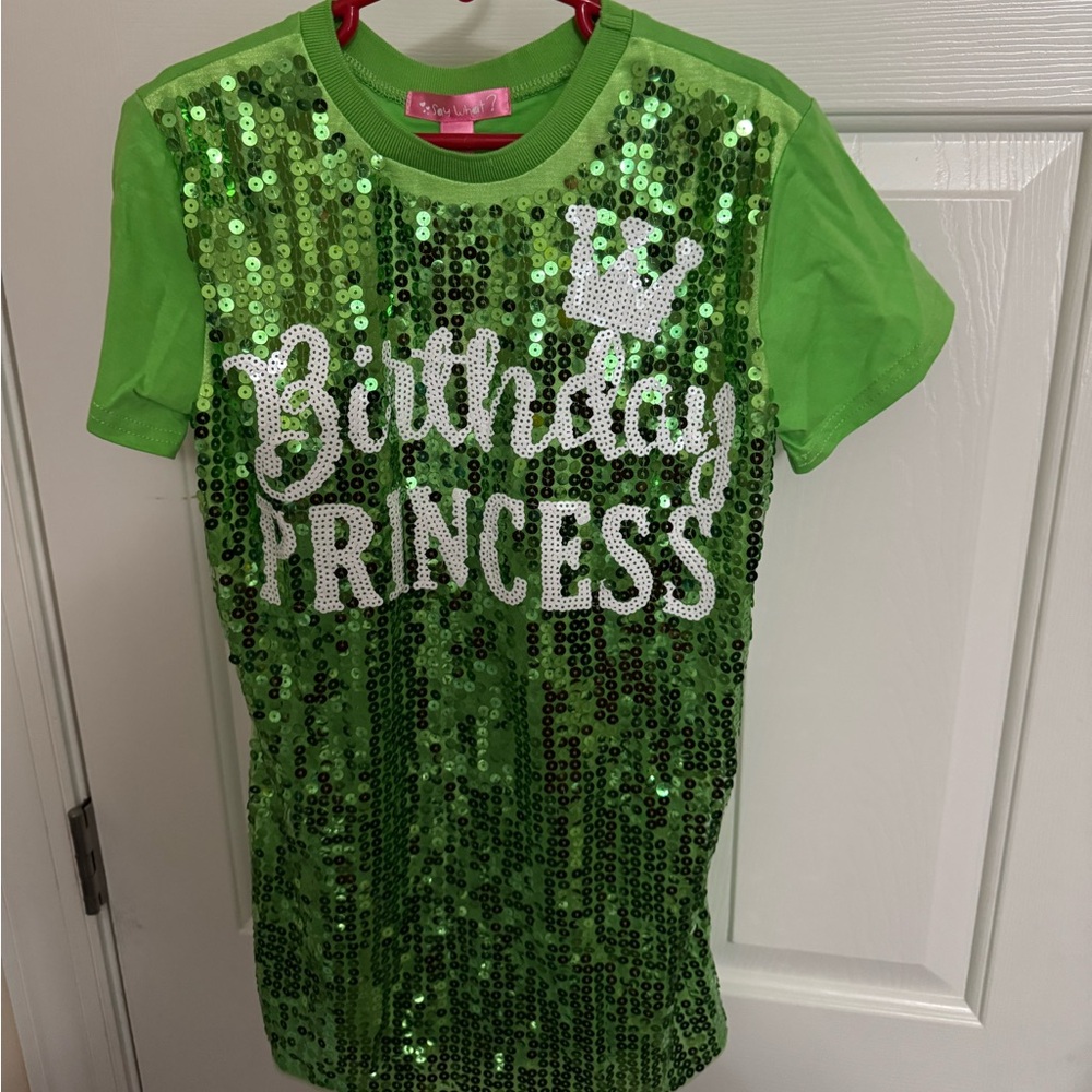 Say What? bright Green Sequin Birthday Princess Tee 6X NWT